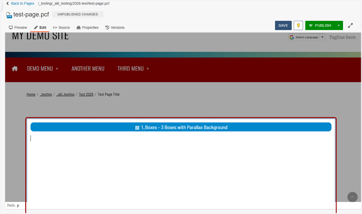 Page view showing the newly added component placeholder as a blue horizontal band.