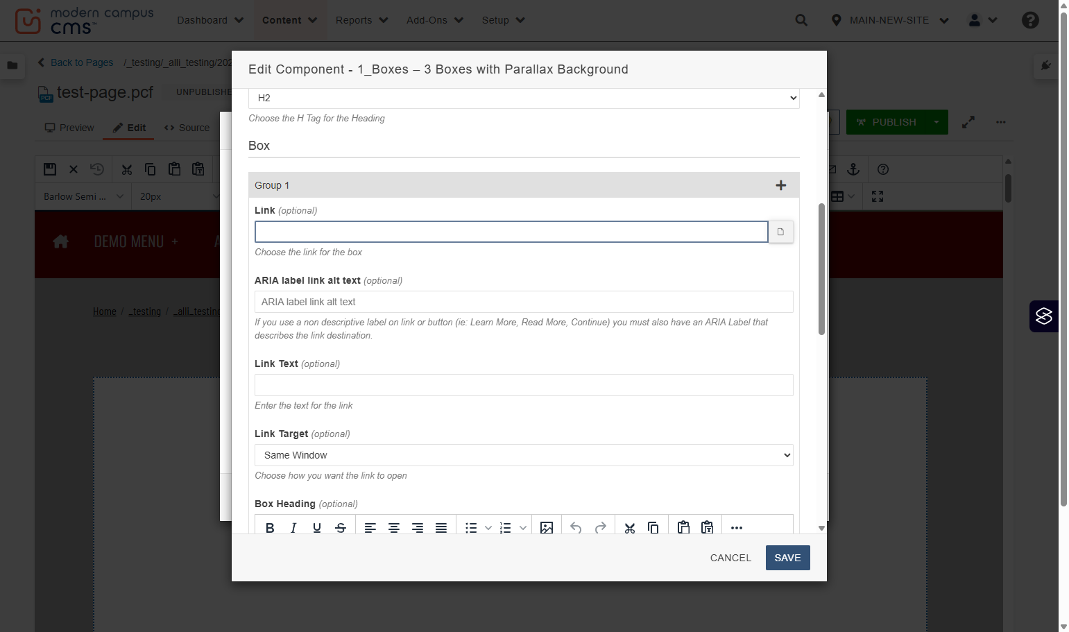 Link field with the file chooser icon highlighted for selecting an internal page.