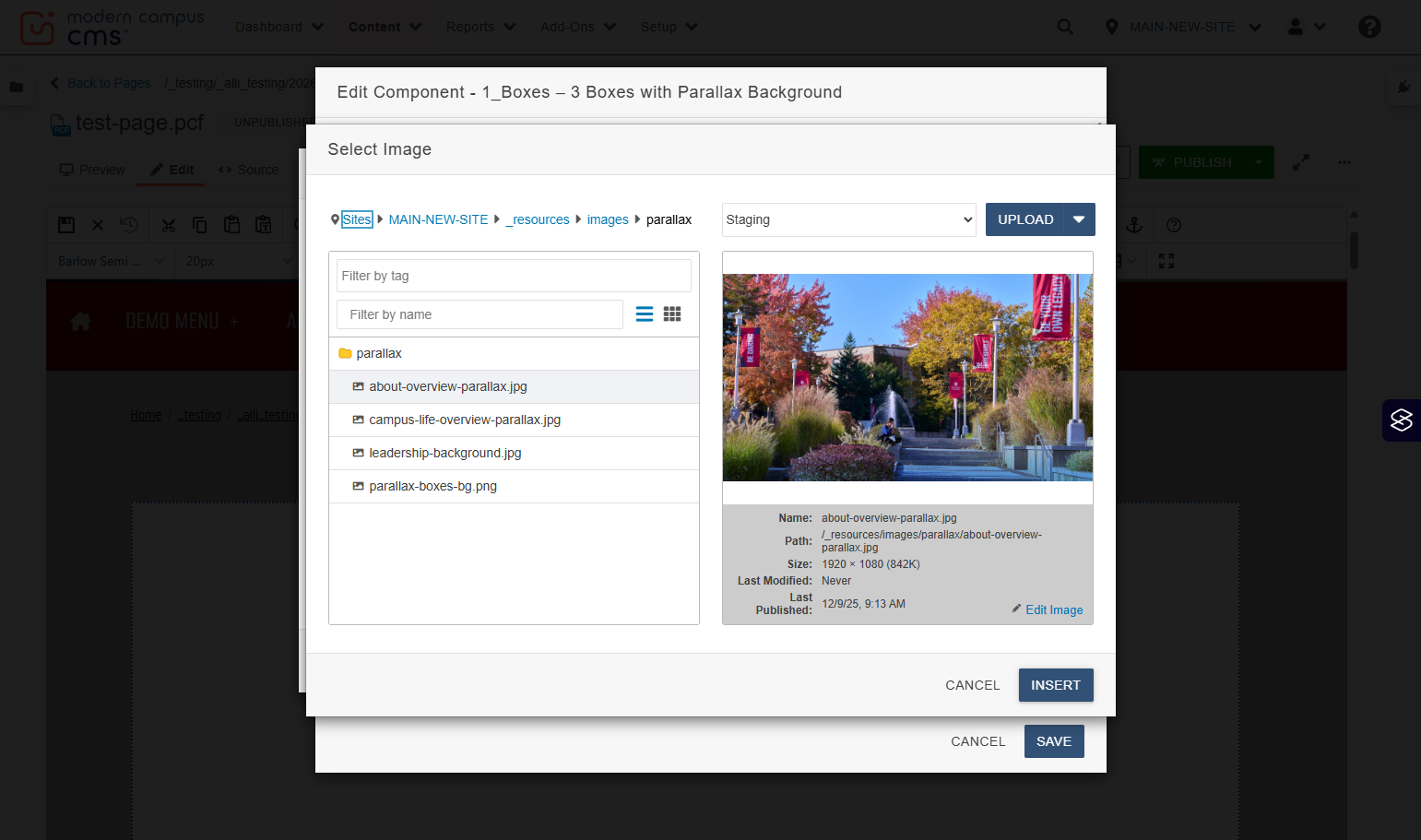 Editor preview area showing the selected parallax background applied behind the component.