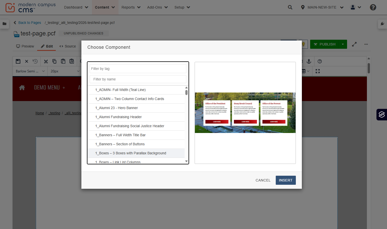 Component preview pane on the right showing a three-box parallax section preview.