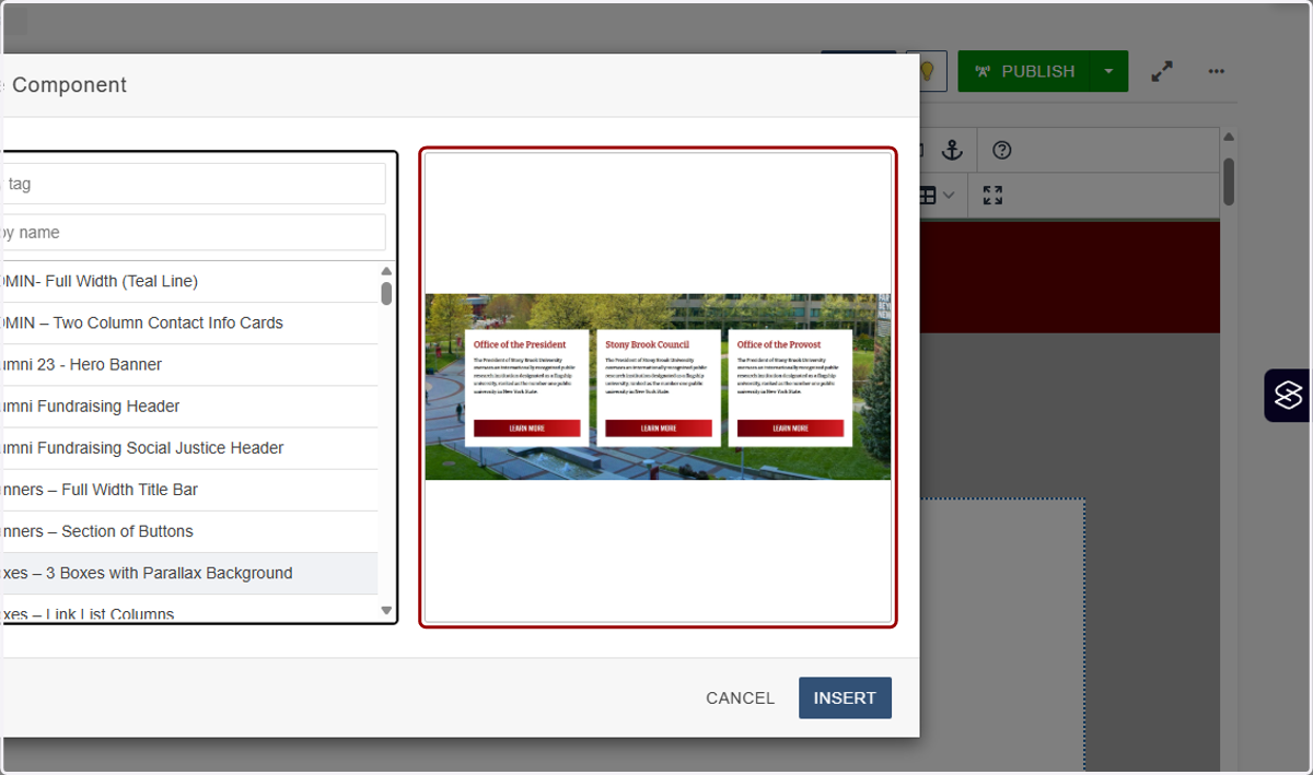Component preview pane on the right showing a three-box parallax section preview.