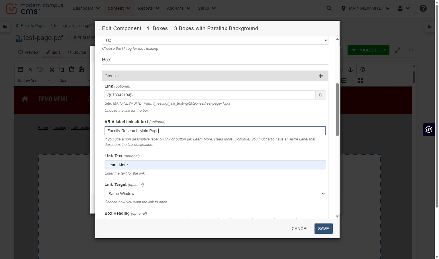ARIA Label field populated with a specific label (example: “Learn more about faculty research”).