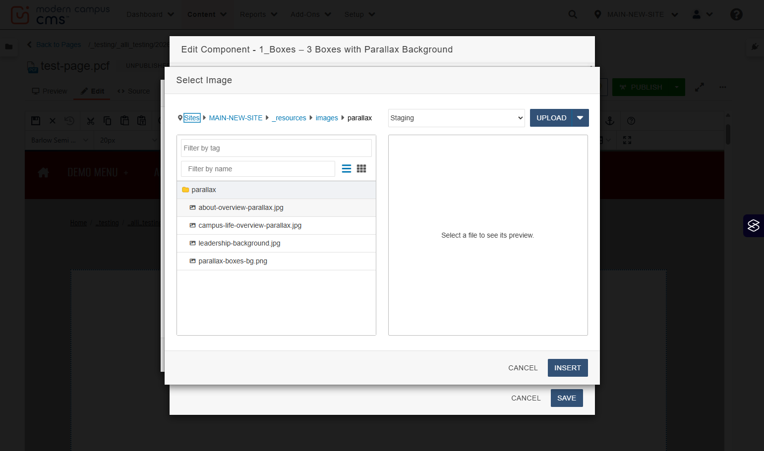 Image picker modal showing the parallax background image library with a selectable image item highlighted.