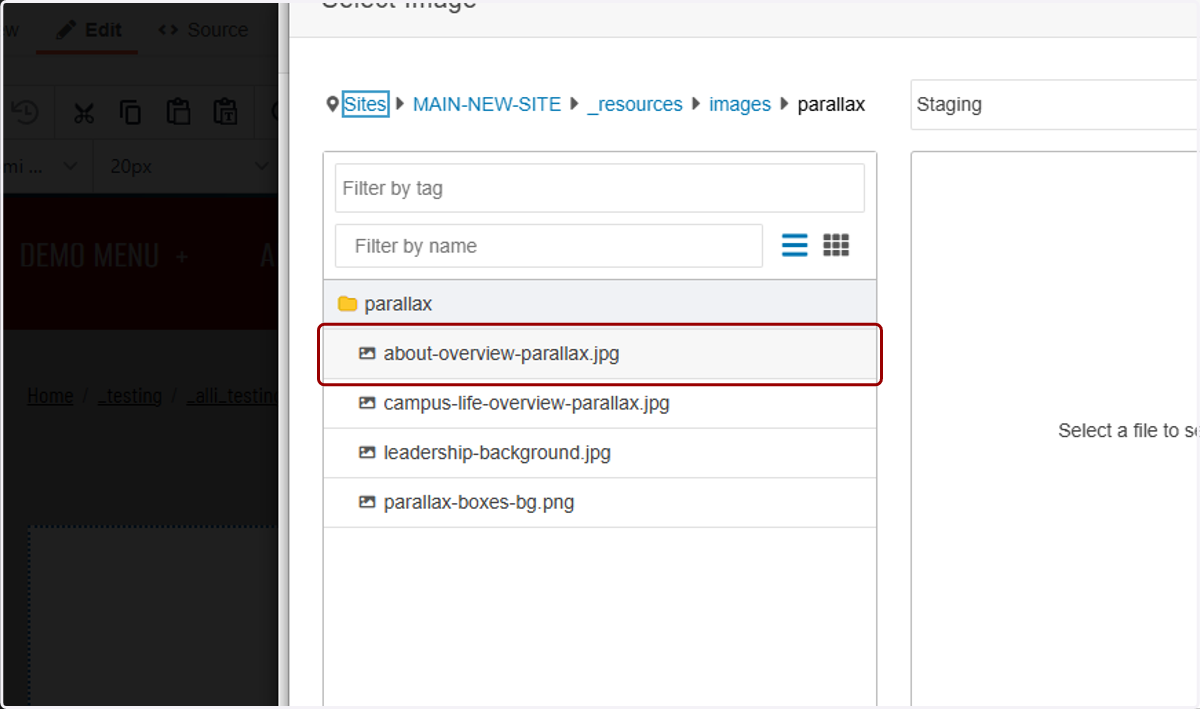 Image picker modal showing the parallax background image library with a selectable image item highlighted.