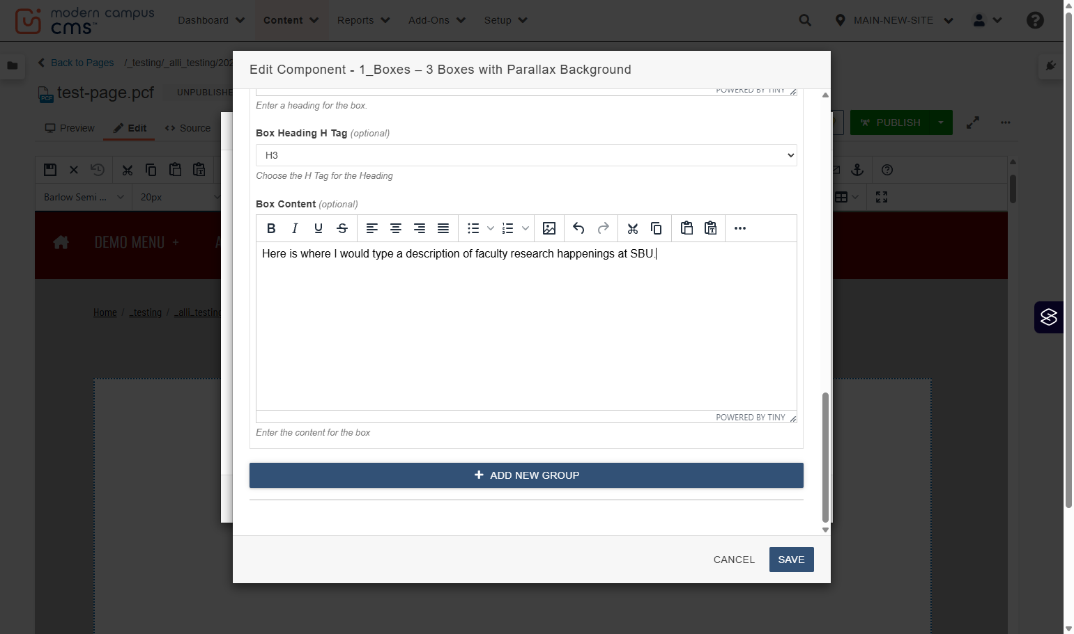 Group controls showing the Add New Group button for creating the next box.