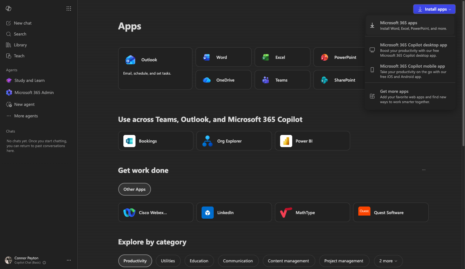A. Click on Install apps B. Click on Microsoft 365 apps…