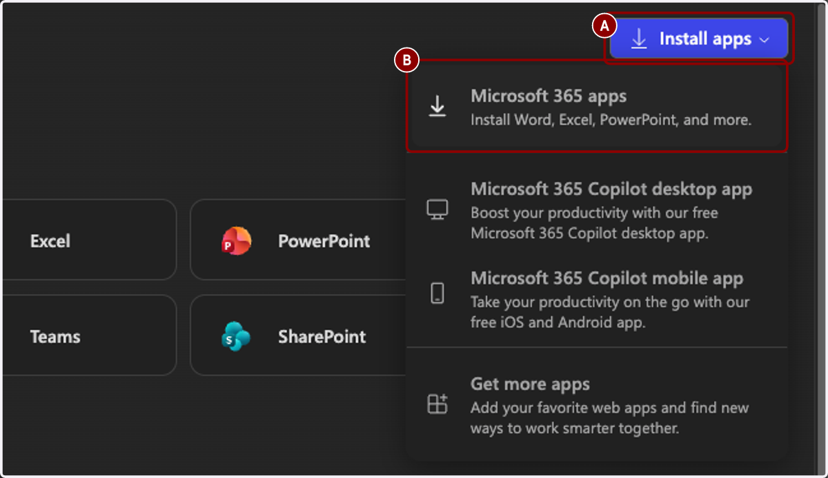 A. Click on Install apps B. Click on Microsoft 365 apps…