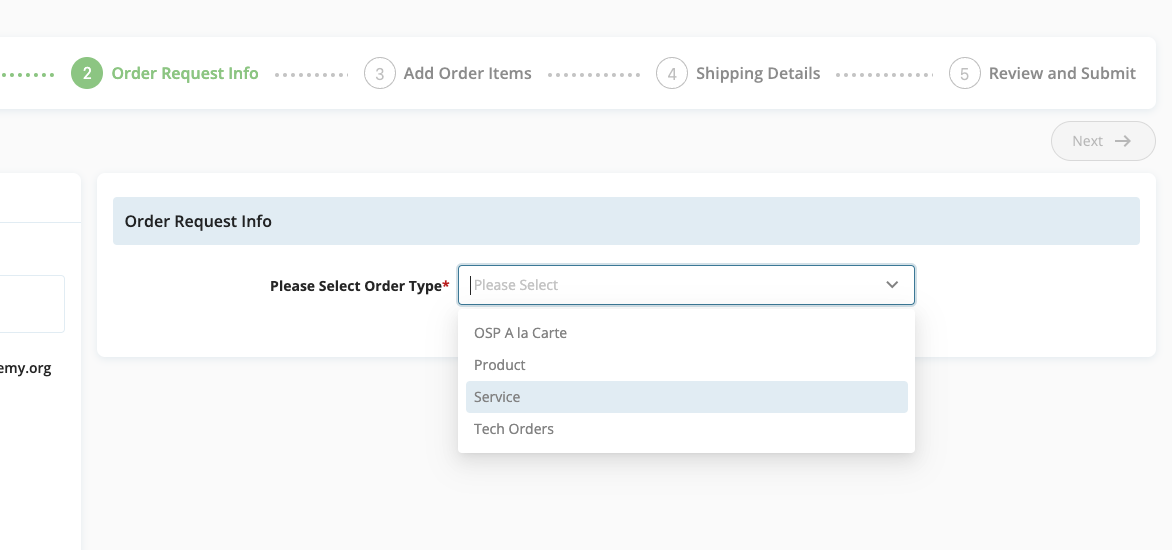 Select Service as the Order Type