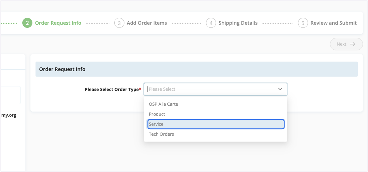 Select Service as the Order Type