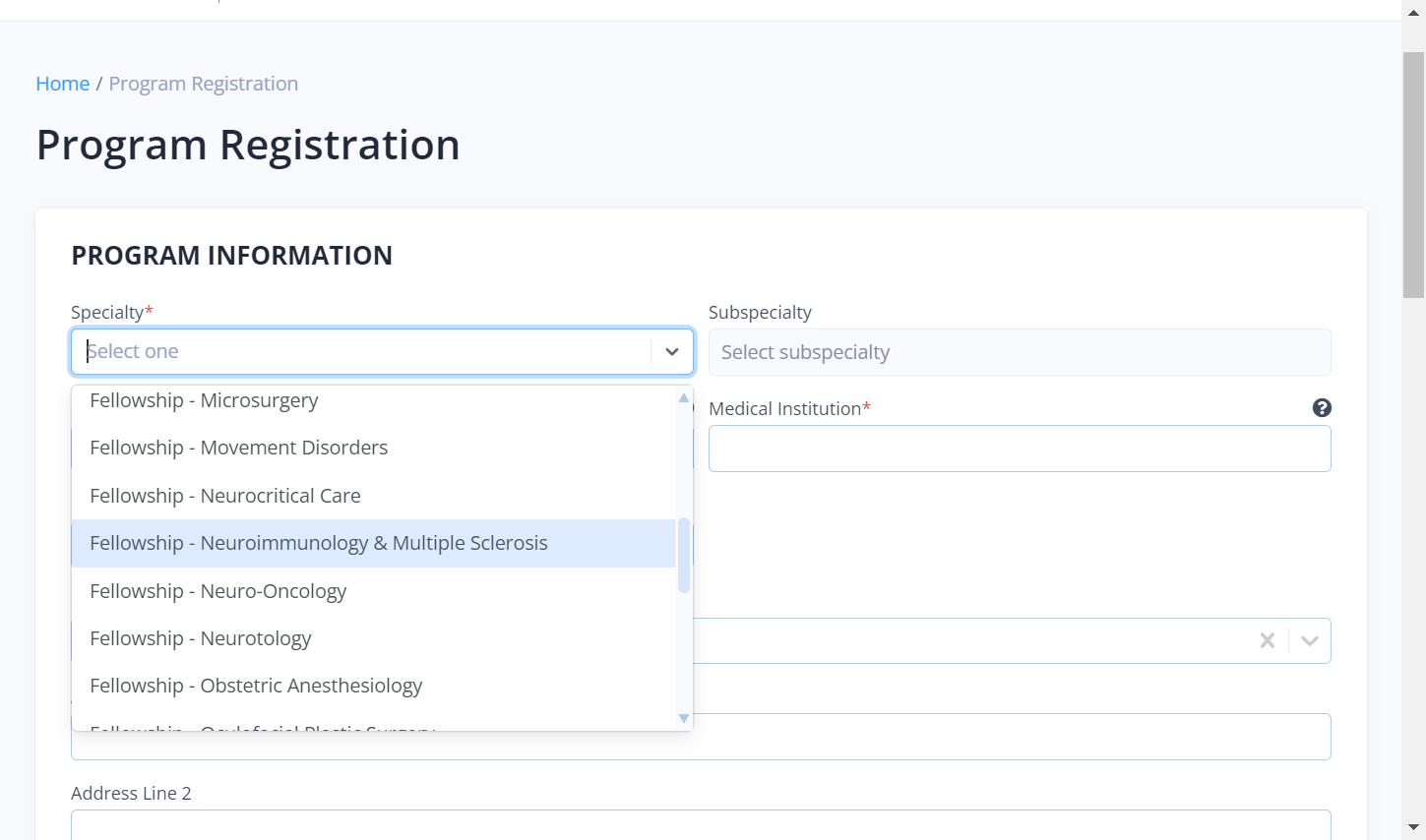 Click on "Fellowship - Neuroimmunology & Multiple Sclerosis" in the Specialty drop-down.
