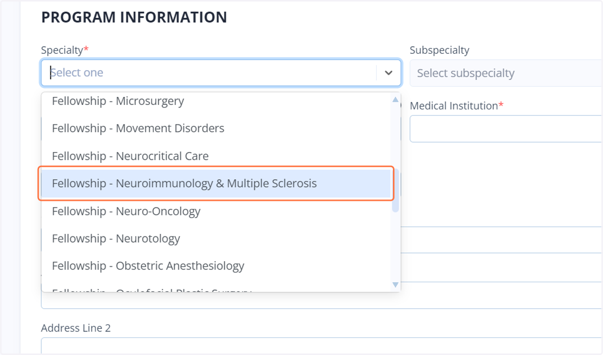 Click on "Fellowship - Neuroimmunology & Multiple Sclerosis" in the Specialty drop-down.