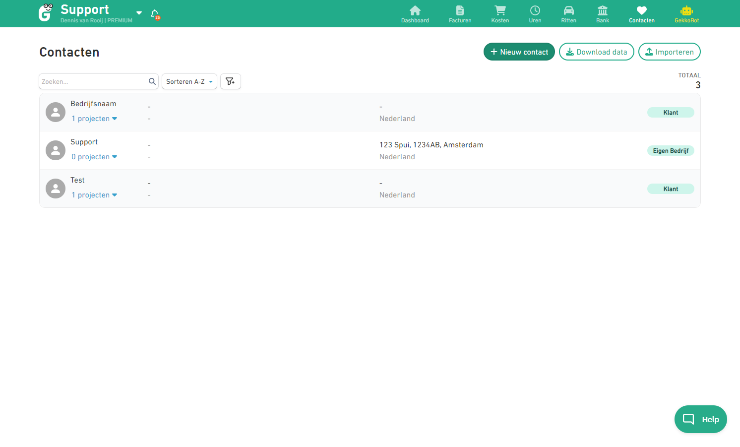 Ga naar de contacten pagina in Gekko en klik op 'nieuw contact' voor het maken van een nieuw contact.