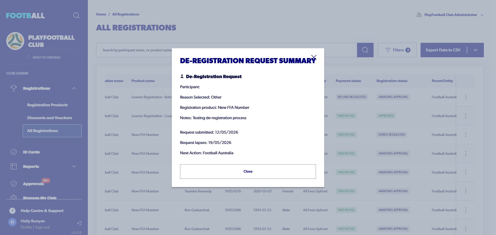 Click on de-registration request summary…