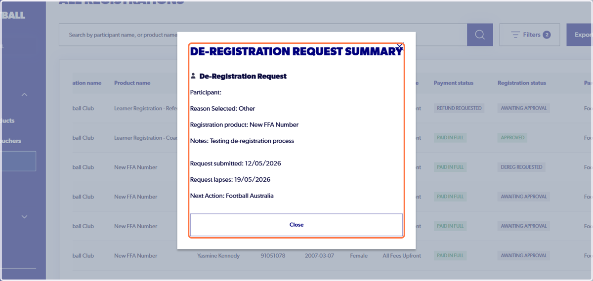 Click on de-registration request summary…
