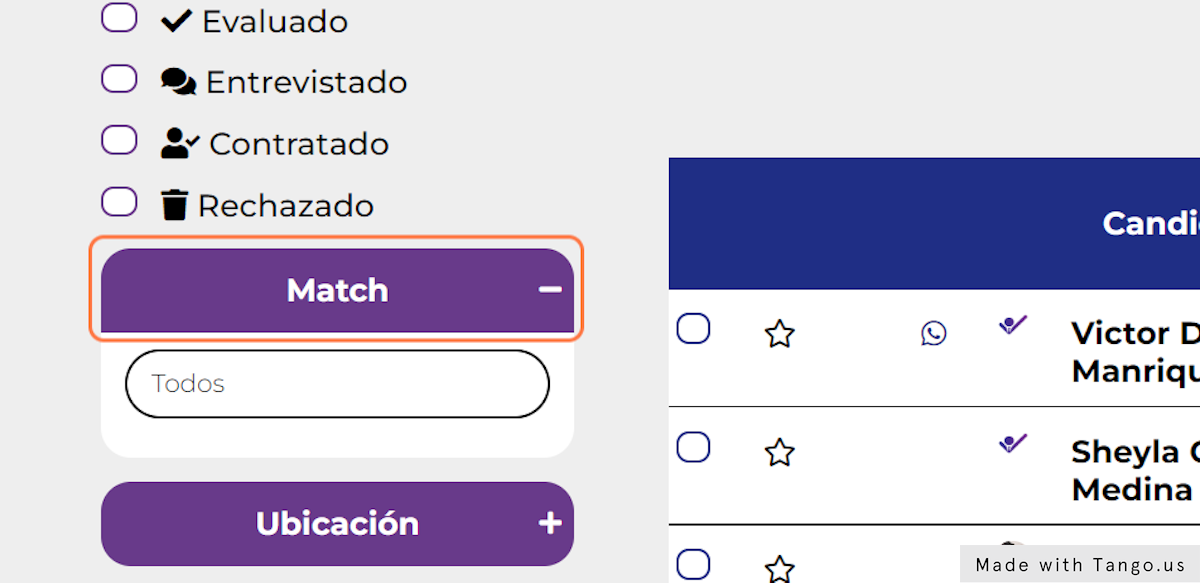 Click en Match para filtrar a los candidatos de acuerdo con su porcentaje de MATCH con el puesto