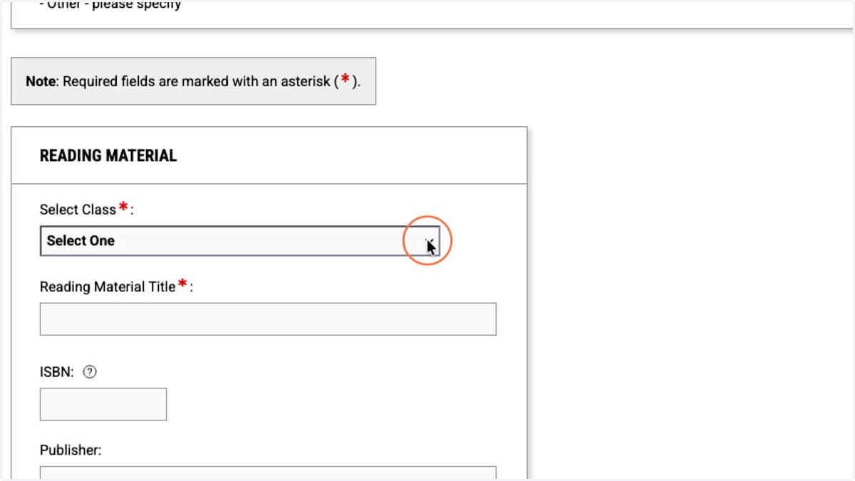 Select Class will bring up a dropdown menu of your classes for you to choose. Fill in the information about the reading material you're requesting an alternative format for.