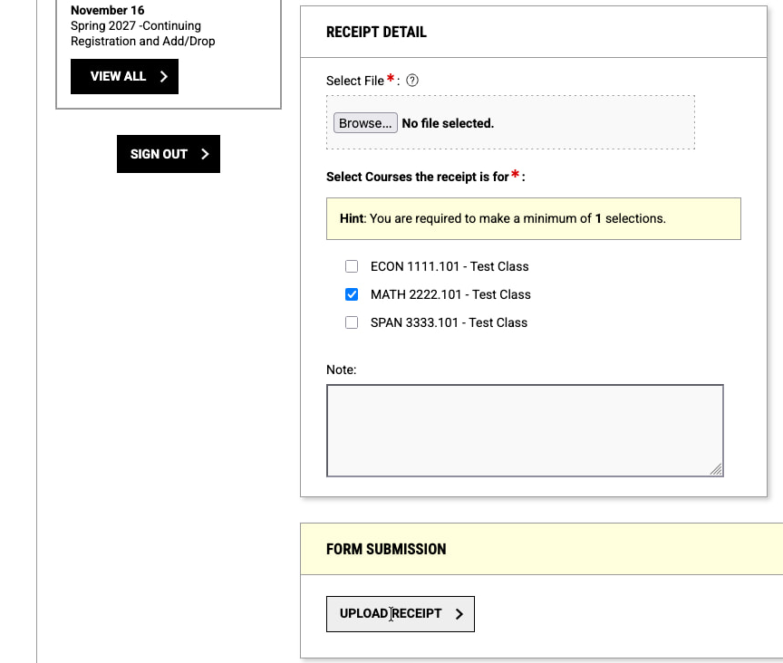 Click the UPLOAD RECEIPT button to submit the proof of purchase for review.