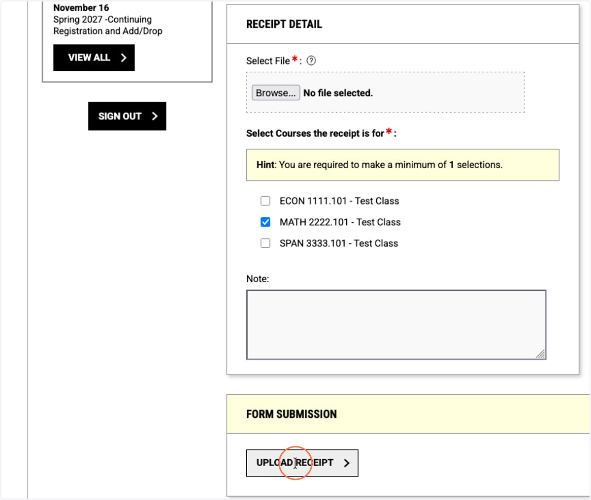 Click the UPLOAD RECEIPT button to submit the proof of purchase for review.