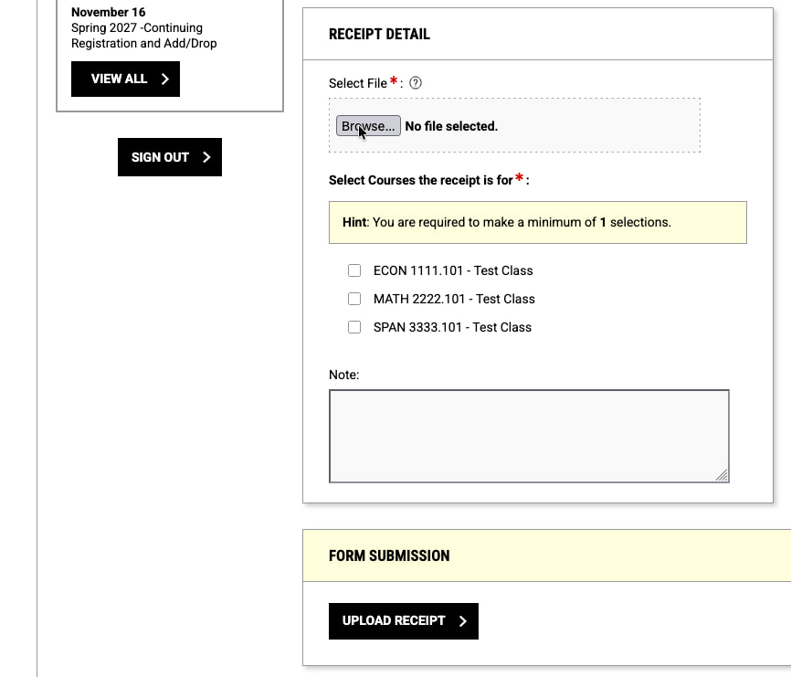 Receipts for reading materials must be associated with the courses those materials are for. Click the "Browse..." button to upload a receipt.