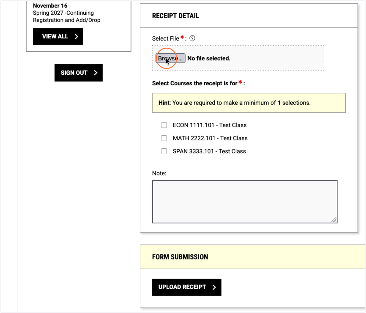 Receipts for reading materials must be associated with the courses those materials are for. Click the "Browse..." button to upload a receipt.