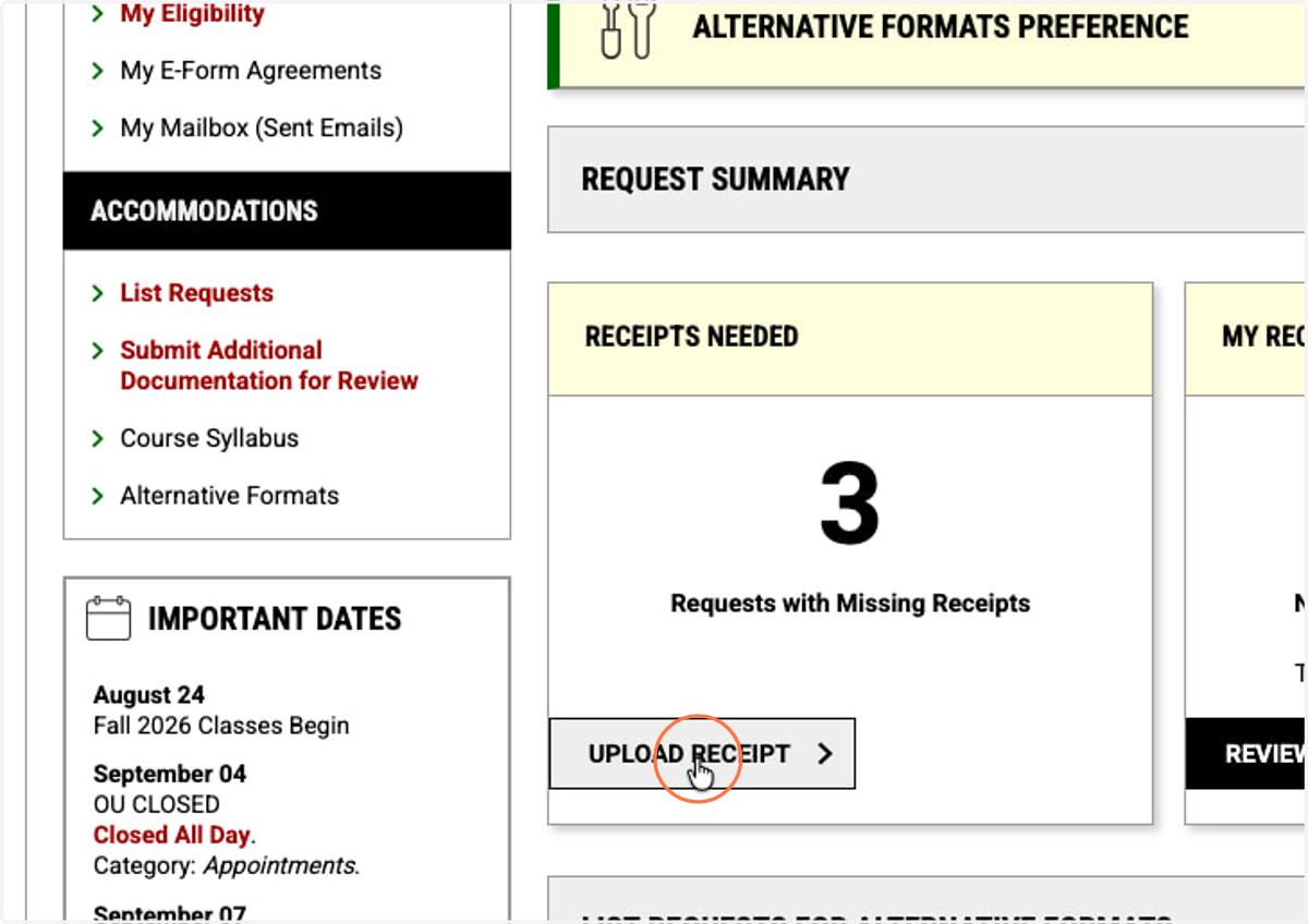 In the RECEIPTS NEEDED card, click the UPLOAD RECEIPT button.