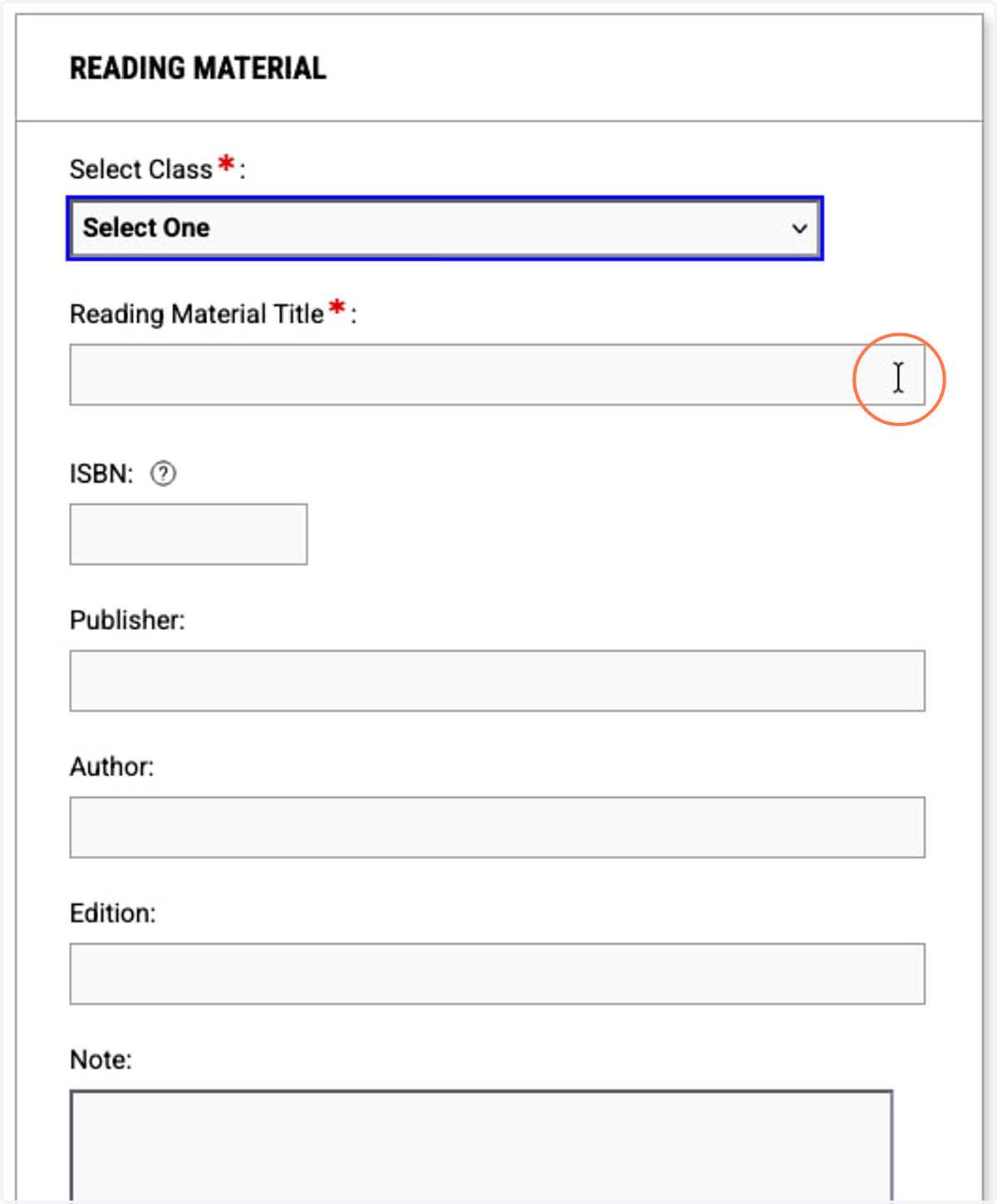 The Reading Material Title is a required field.