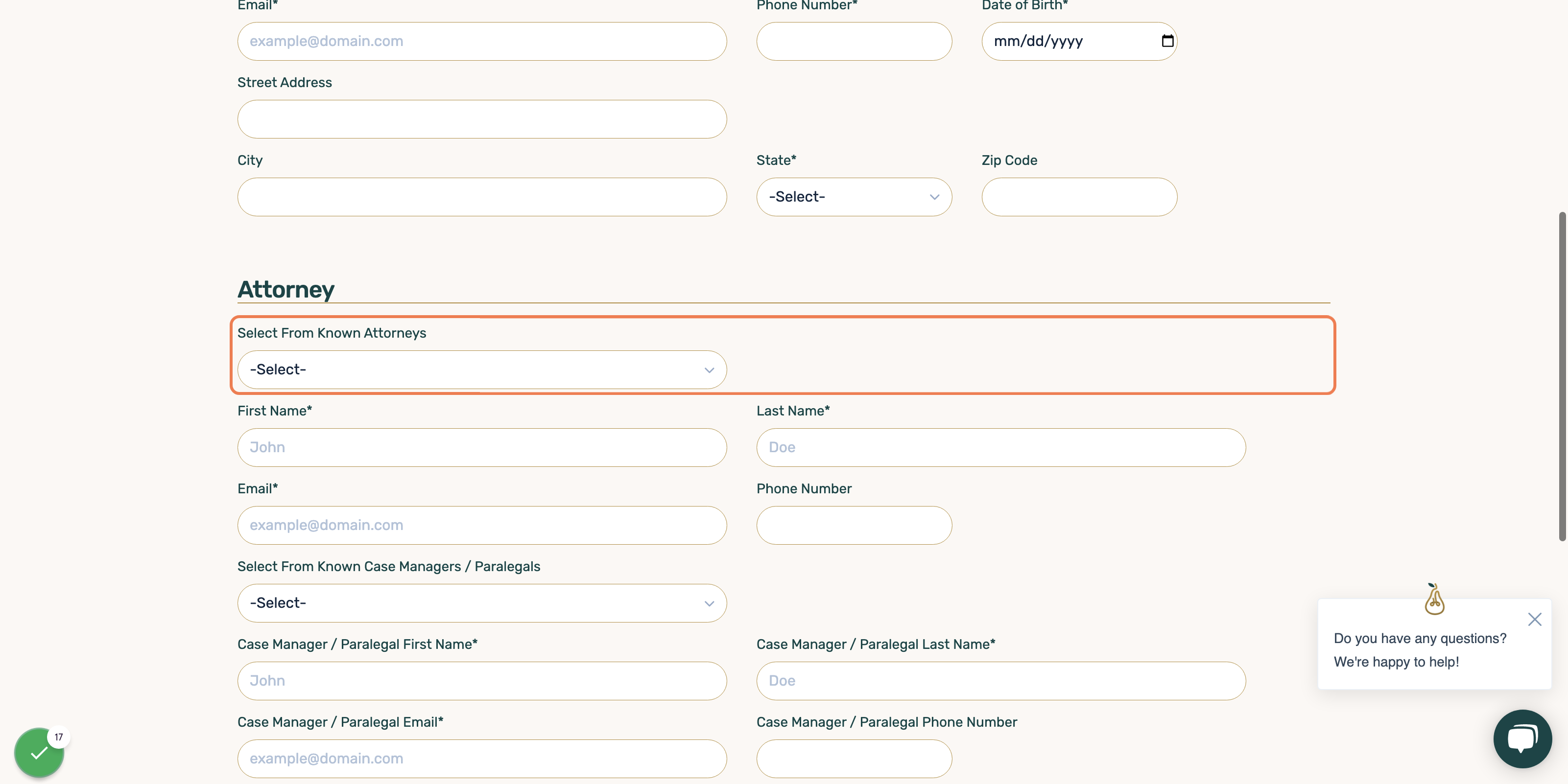 You can select from your firm's know attorneys from a dropdown