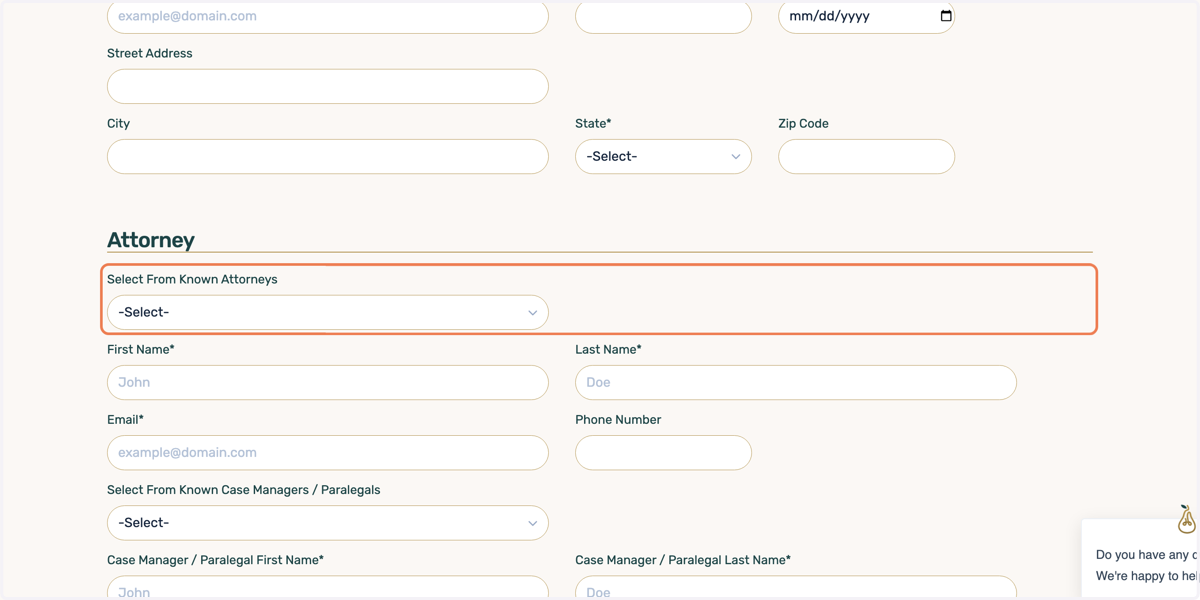 You can select from your firm's know attorneys from a dropdown