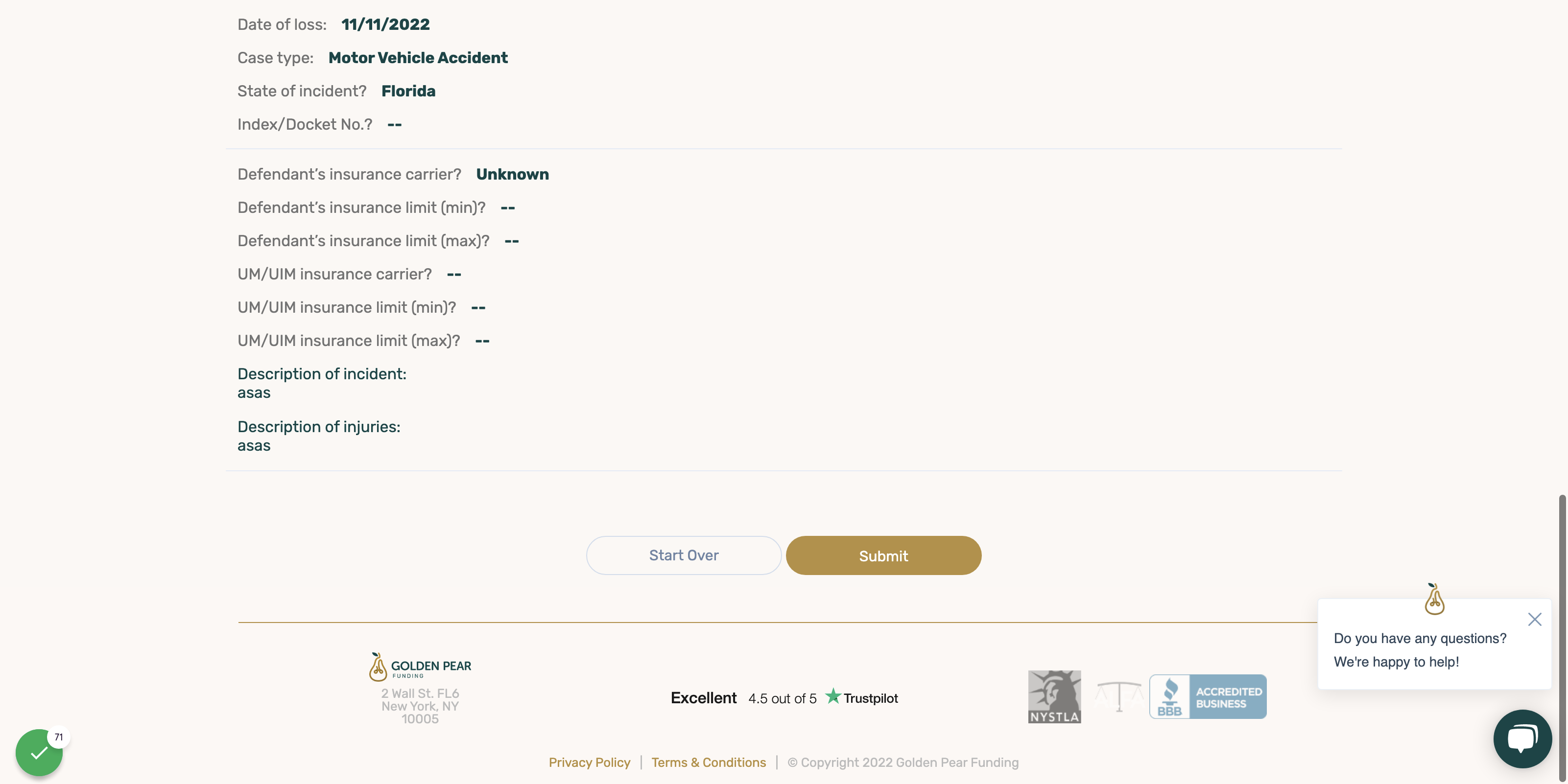 If everything is correct, click submit. If not, you can Start Over.