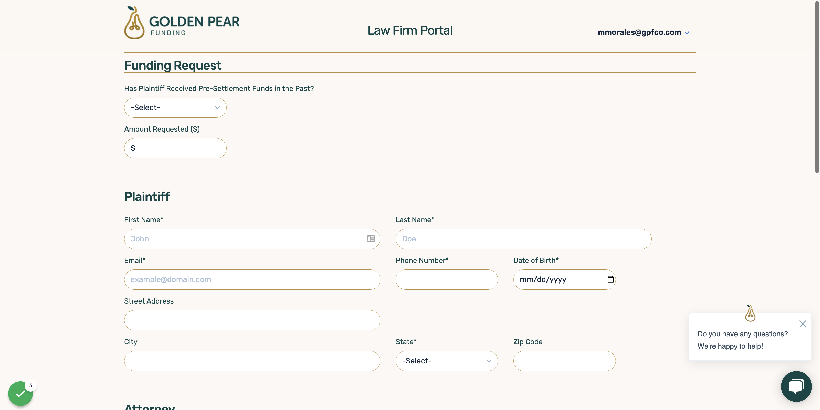 Select if Plaintiff has received Pre-settlement funding in the past