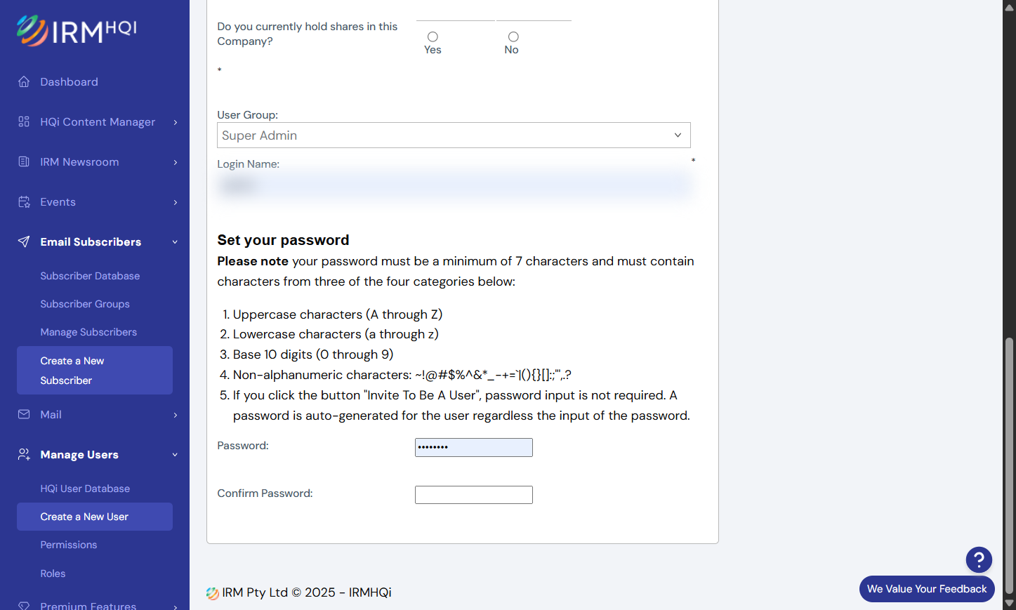 Create a Login Name and a Password for the new user. Then hit the "Submit" button.