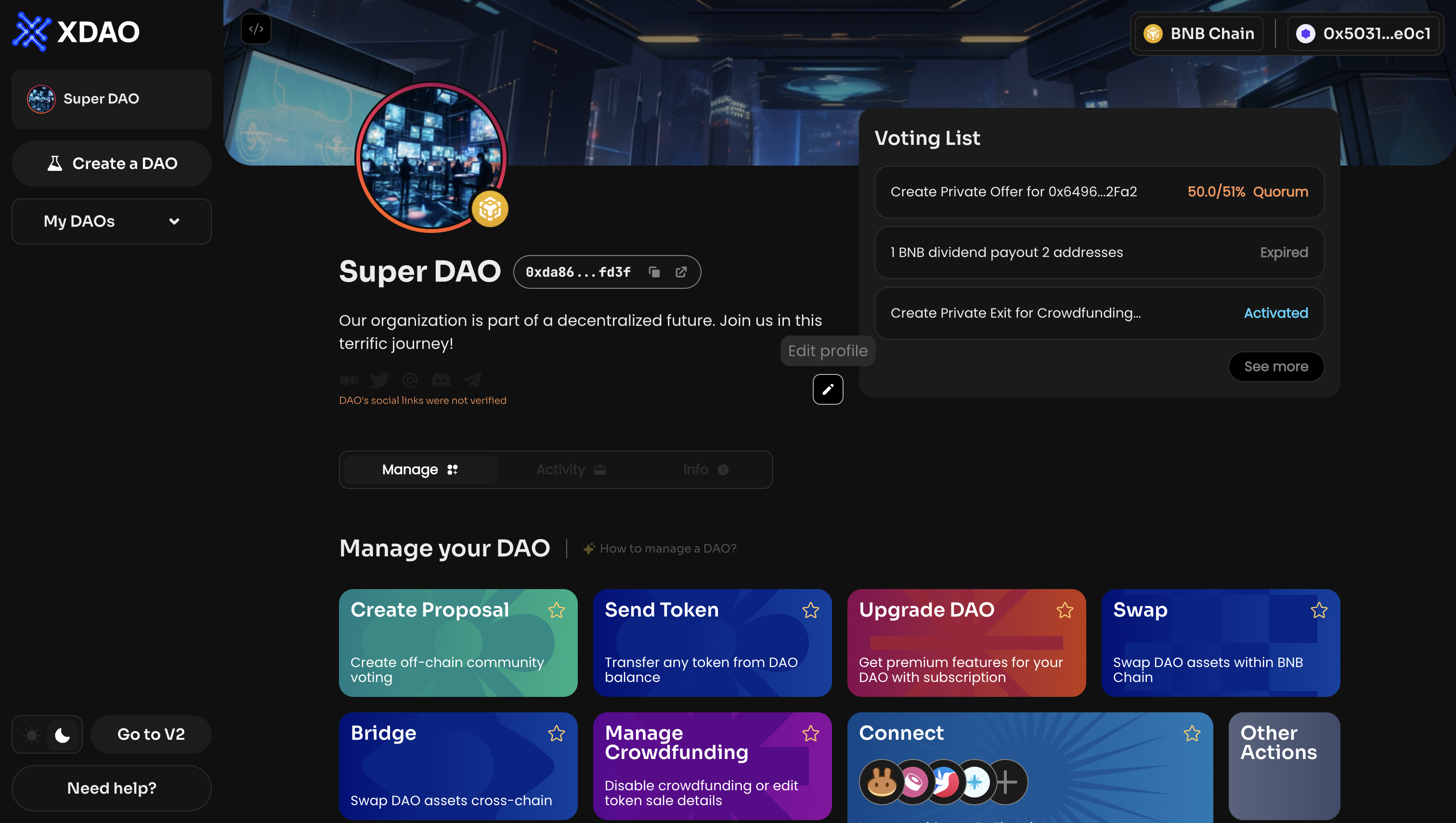 Click Edit DAO Profile on the Manage page of your DAO