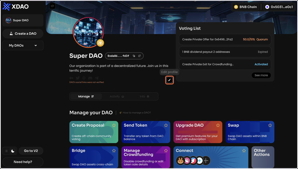 Click Edit DAO Profile on the Manage page of your DAO