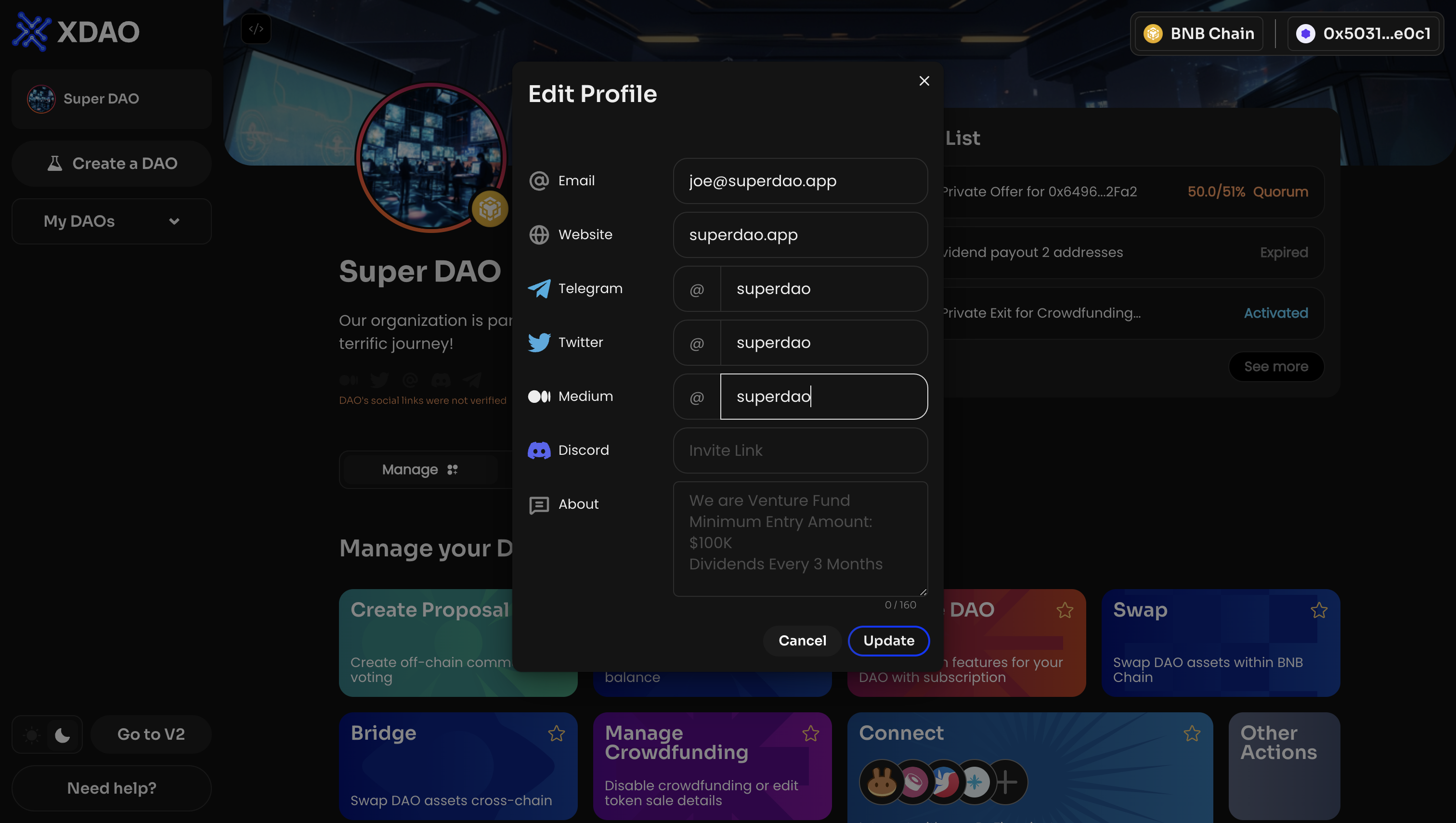 Click Update and sign the message in your wallet