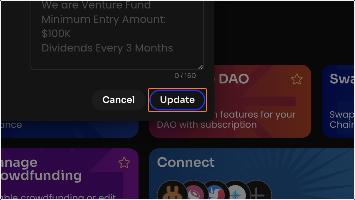 Click Update and sign the message in your wallet