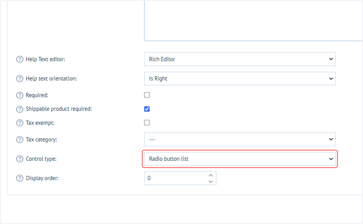 Select Radio button list from Control type