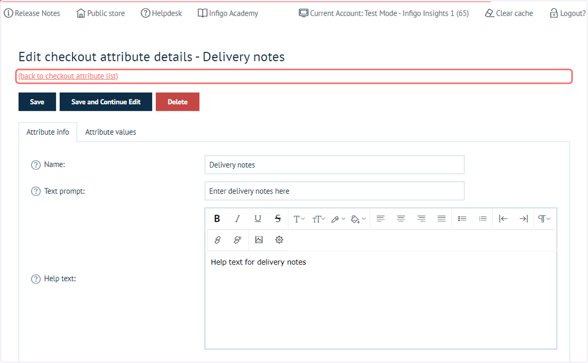 Click on (back to checkout attribute list)