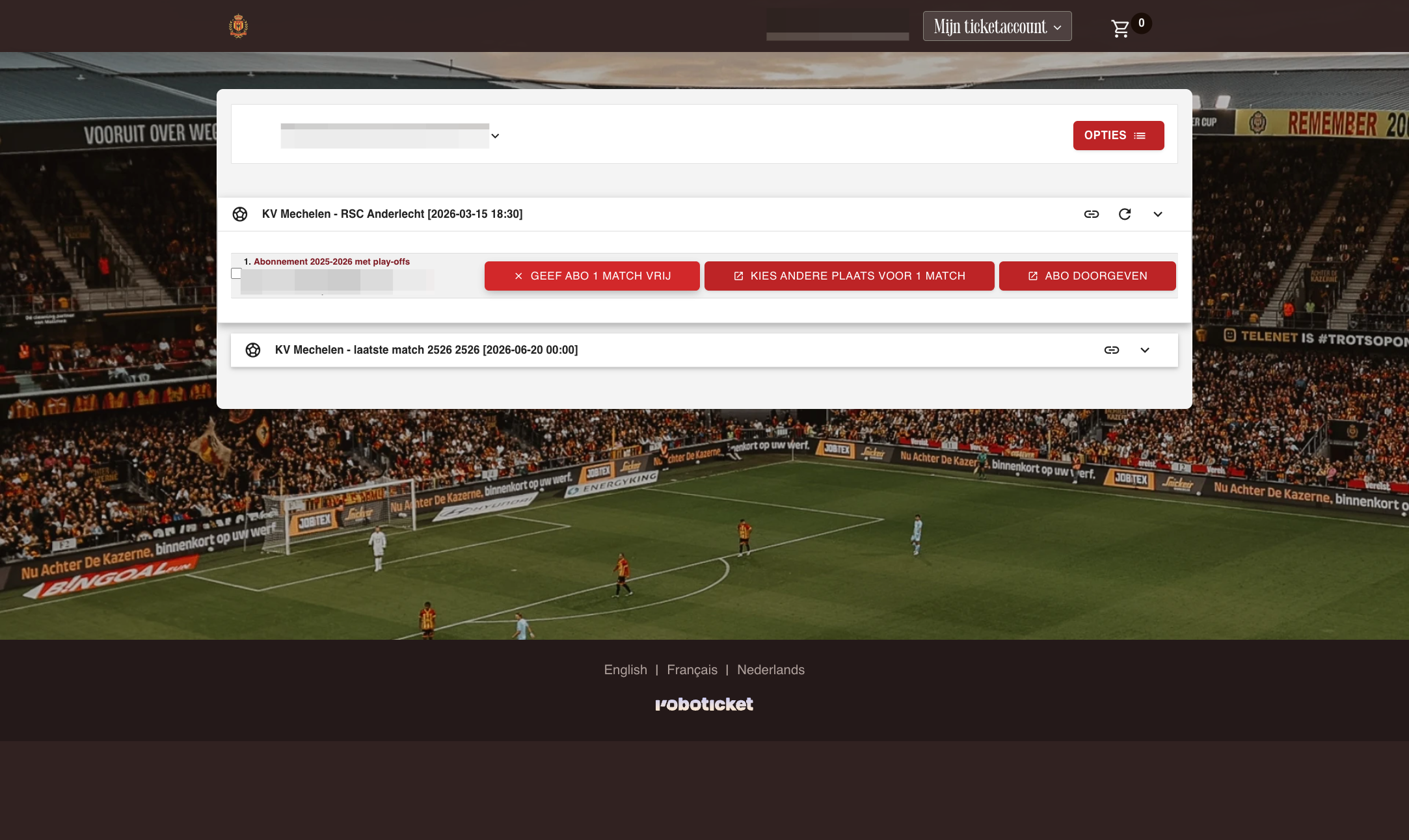 De details van je abo voor deze wedstrijd springen open. Klik door op 'Geef" abo 1 match vrij'