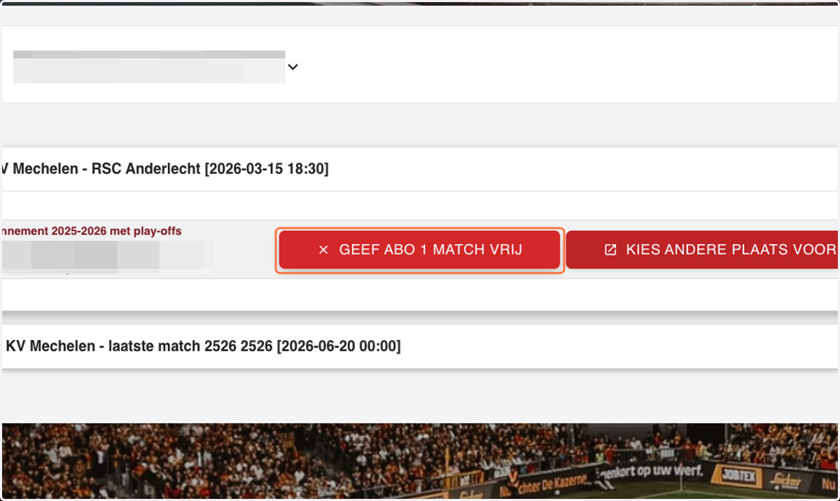 De details van je abo voor deze wedstrijd springen open. Klik door op 'Geef" abo 1 match vrij'