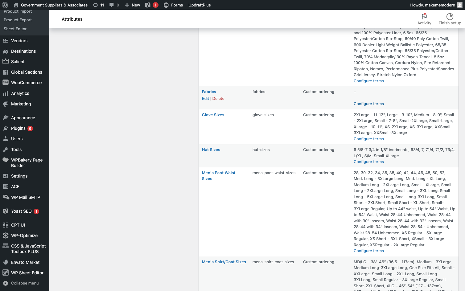 Once the attribute is created, find it in the right hand box and click on Configure terms for that specific attribute.