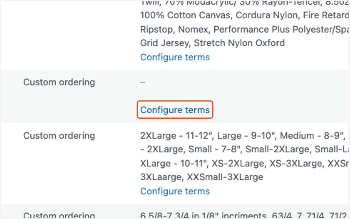 Once the attribute is created, find it in the right hand box and click on Configure terms for that specific attribute.