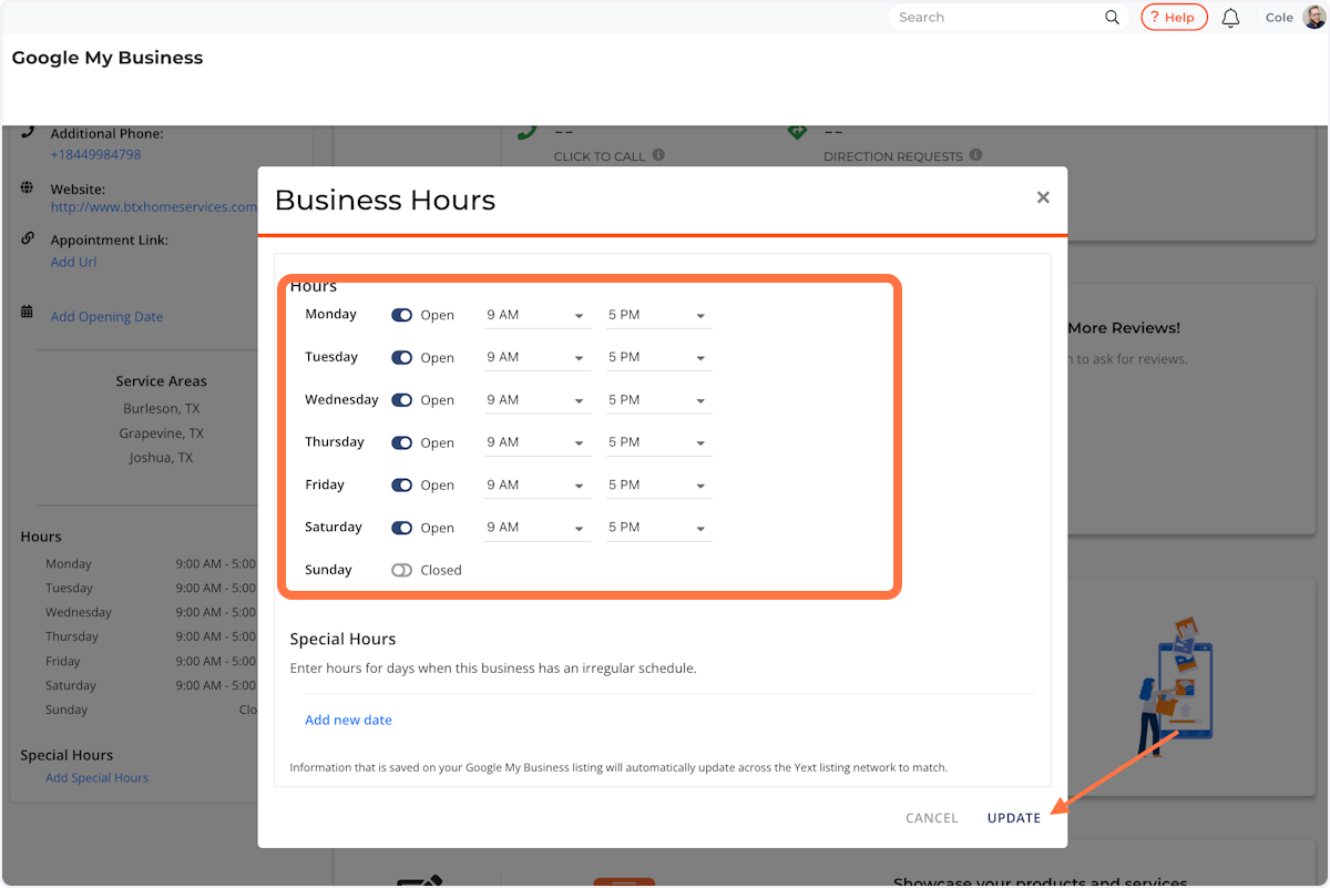 Update your business hours, then click 'Update' 