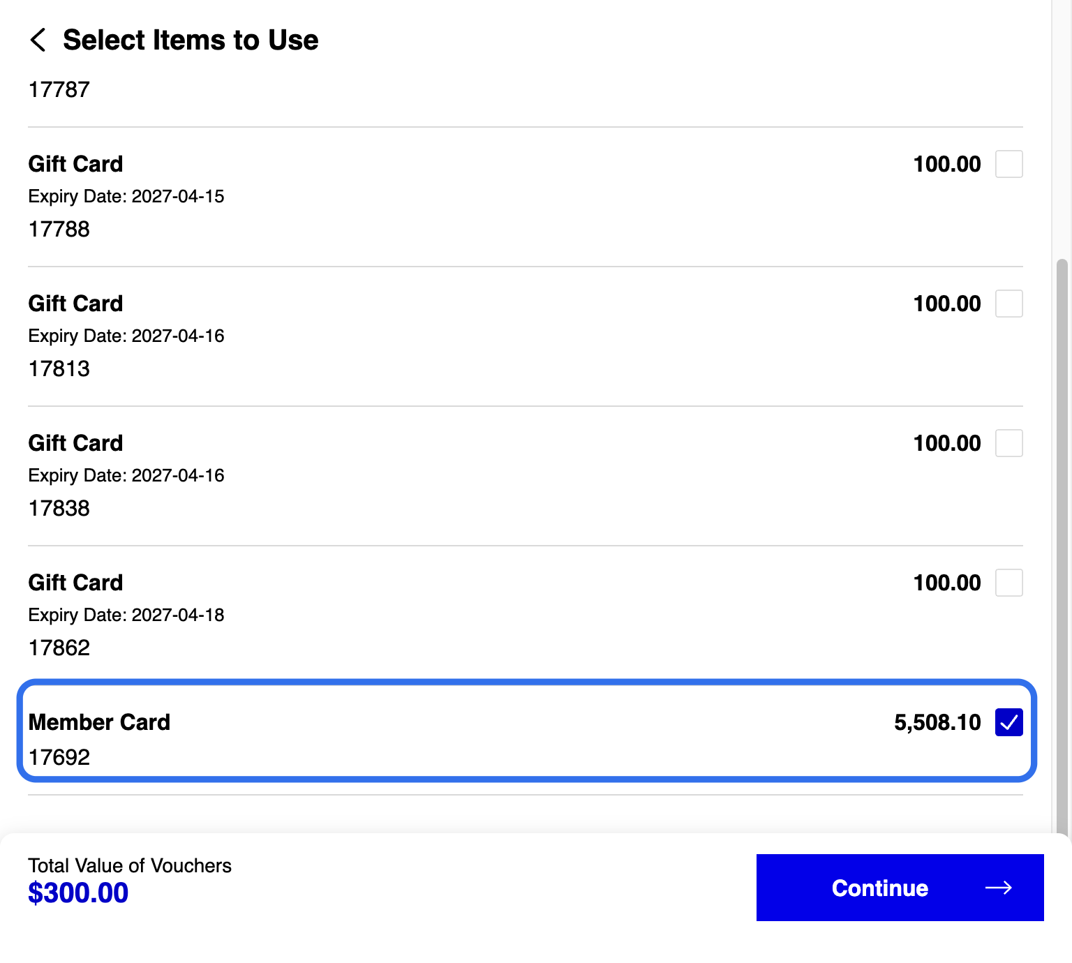 A. You can manually select the Member Card for deduction B. Click on Continue