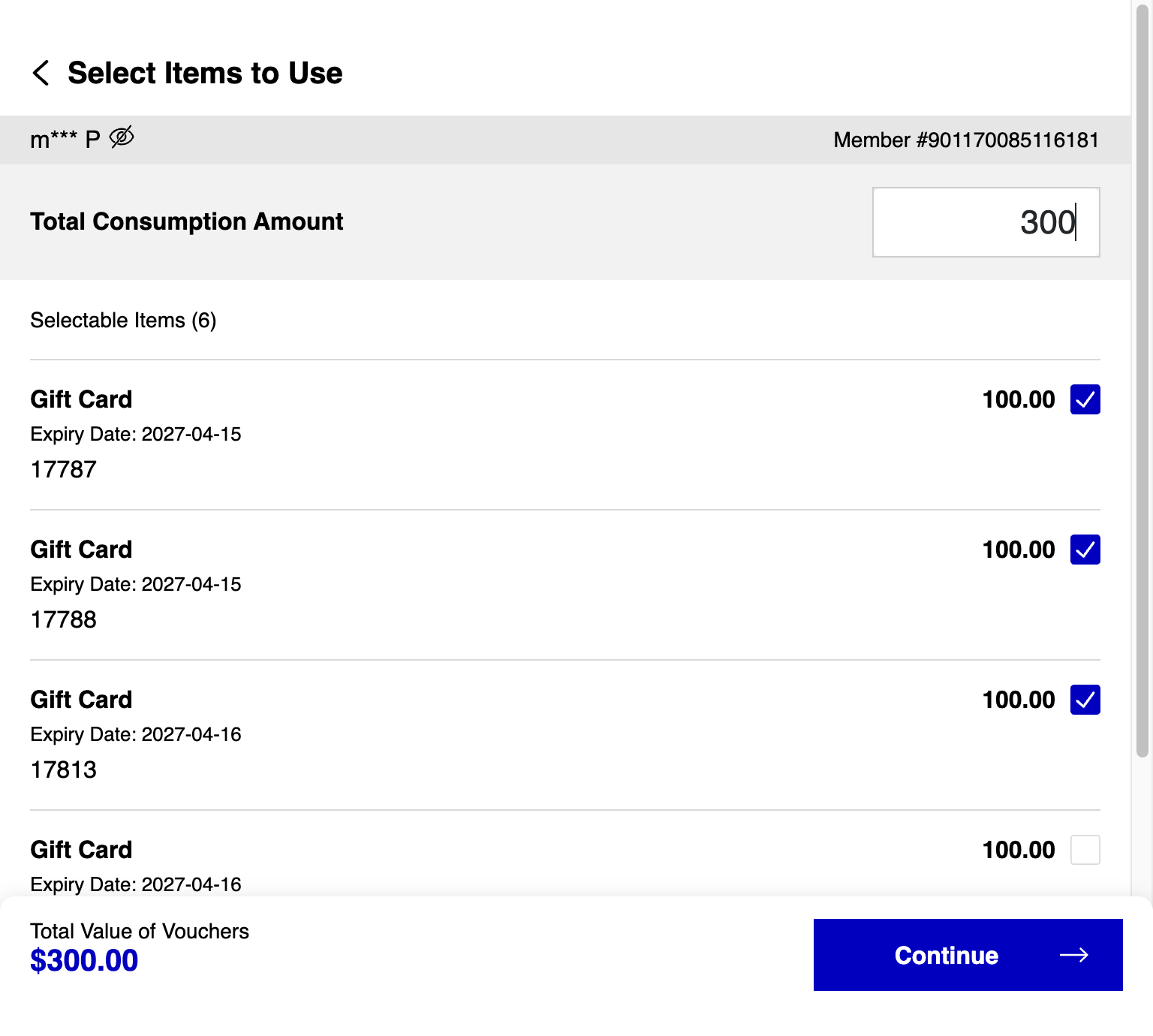Fill in the Total Consumption Amount. The system will automatically select the available Gift Card Balance for deduction.