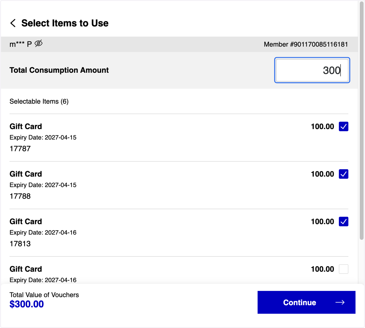 Fill in the Total Consumption Amount. The system will automatically select the available Gift Card Balance for deduction.