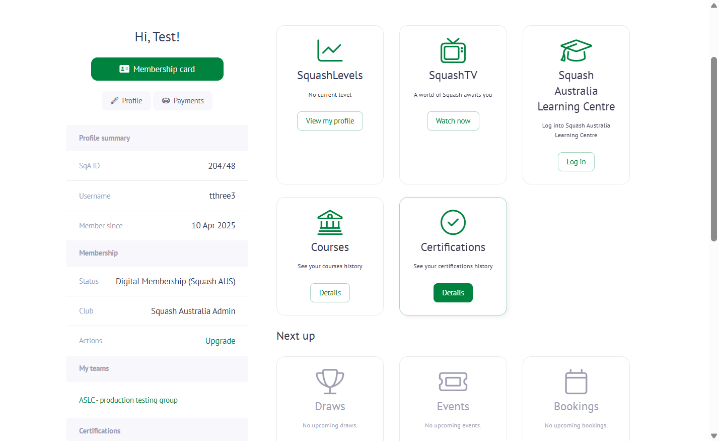 Once you're logged into your MySquashAUS account, find the 'Certifications' tile and select 'Details'.