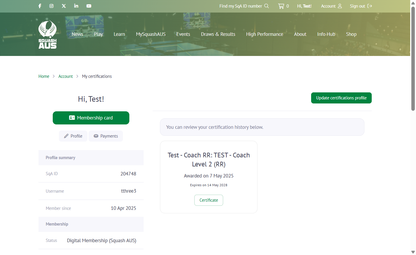 Then select the ''Update Certifications Profile' on the top right.