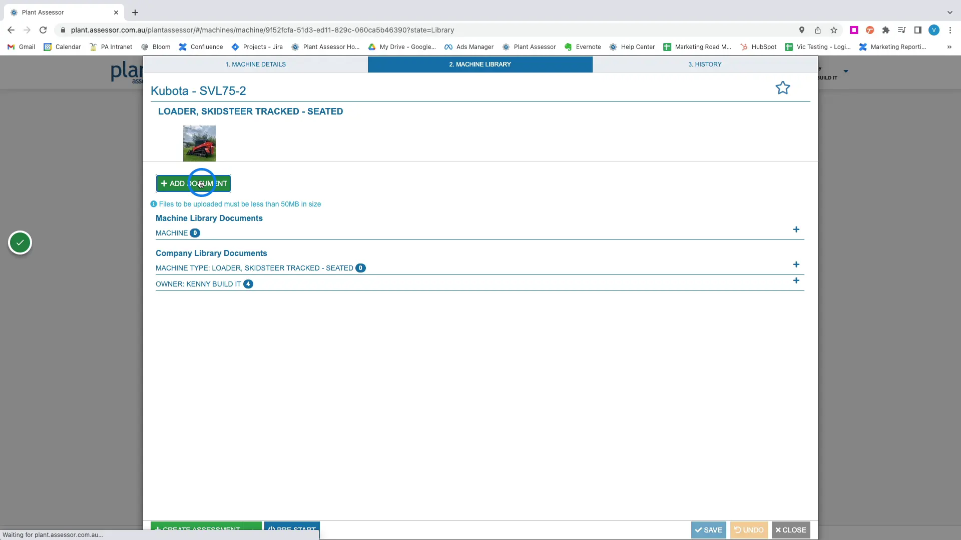 On the Machine Library tab, you can add upload machine specific and safety documents. These will automatically sync to the Pre Start Plus app so that operators have access to access to important information at all times.
