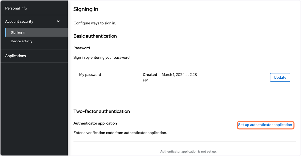 Click on 'Set up authenticator application' Click on 'Set up authenticator application'