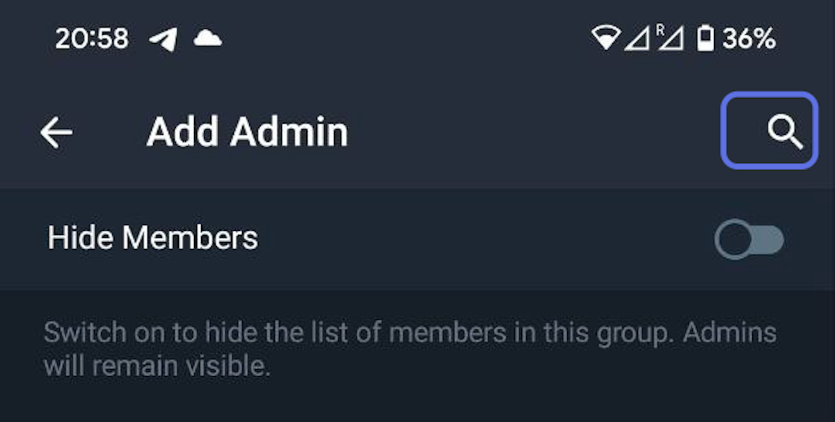 In the 'Add Admin' screen, search for 'Chainfuel Bot' by pressing the search icon. If you have a custom bot setup, search for the name of your custom bot instead